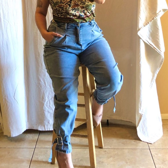 Denim Pants with Rhinestone Ankle Belt - Picture 3 of 5